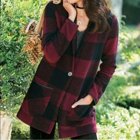 Soft Surroundings Women Jacket Coat Hardey Buffalo Plaid Wool Red Black Large - Picture 2 of 11